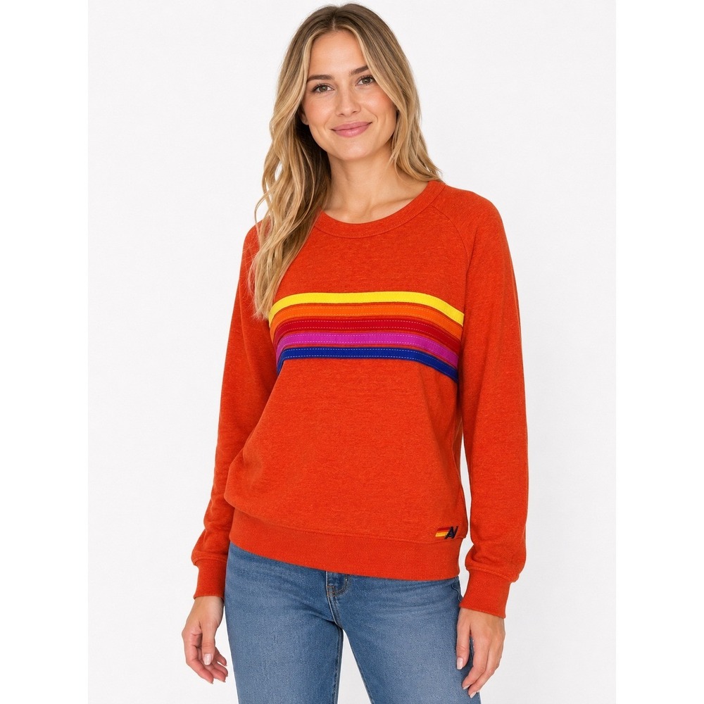 Aviator Nation 5 Stripe Crewneck Pullover Sweatshirt Size Small Orange Fleece